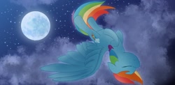 Size: 2274x1107 | Tagged: safe, artist:chocodamai, character:rainbow dash, species:pegasus, species:pony, cloud, eyes closed, female, flying, full moon, mare, moon, night, night sky, sky, solo, spread wings, starry night, upside down, wings