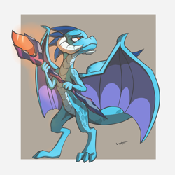 Size: 1200x1200 | Tagged: safe, artist:quadrog, character:princess ember, species:dragon, bloodstone scepter, dragoness, female, gray background, horns, simple background, solo, spread wings, wings