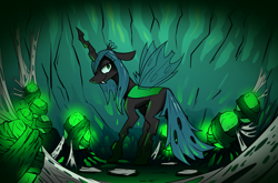 Size: 2002x1319 | Tagged: safe, artist:quadrog, character:queen chrysalis, species:changeling, changeling egg, changeling hive, changeling queen, crown, fangs, female, jewelry, lidded eyes, profile, regalia, solo