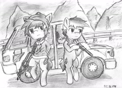 Size: 1635x1182 | Tagged: safe, artist:spackle, oc, oc only, oc:buck evergreen, oc:zone blitz, species:earth pony, species:pony, ak-104, ak-47, assault rifle, bandana, beanie, bipedal, car, clothing, death road to canada, duo, facial hair, gun, handgun, hat, hoodie, hoof hold, m1911, male, monochrome, mountain, mountain range, outdoors, pistol, rifle, road, stallion, suppressor, traditional art, weapon, who needs trigger fingers