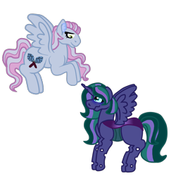 Size: 1700x1700 | Tagged: safe, artist:crownofslime, oc, oc only, oc:firefly, oc:turquoise edge, parent:limestone pie, parent:princess luna, parent:queen chrysalis, parent:zephyr breeze, parents:chrysaluna, parents:zephyrstone, species:alicorn, species:changepony, species:pegasus, species:pony, kindverse, alicorn oc, female, hybrid, interspecies offspring, lesbian, looking at each other, magical lesbian spawn, offspring, offspring shipping
