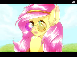 Size: 2300x1700 | Tagged: safe, artist:lucaaegus, character:fluttershy, species:anthro, clothing, cloud, female, glasses, headband, hippie, hippieshy, lipstick, looking back, sky