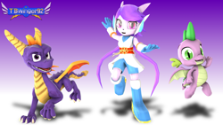 Size: 1920x1080 | Tagged: safe, artist:tbwinger92, character:spike, species:dragon, 3d, crossover, freedom planet, sash lilac, source filmmaker, spyro the dragon, winged spike