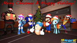 Size: 1920x1080 | Tagged: safe, artist:tbwinger92, character:rainbow dash, character:sonic the hedgehog, species:pony, 2017, 3d, christmas, christmas ornament, christmas tree, crash bandicoot, crossover, decoration, freedom planet, heavy weapons guy, holiday, mario, present, sash lilac, sonic the hedgehog (series), source filmmaker, super mario bros., team fortress 2, tree, worm, worms, worms (video game)
