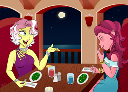Size: 3000x2159 | Tagged: safe, artist:xethshade, character:gloriosa daisy, character:vignette valencia, my little pony:equestria girls, bare shoulders, candle, crack shipping, drink, eyes closed, female, fire, food, full moon, glass, gloriette, lesbian, moon, night, one shoulder, open mouth, pepper shaker, plate, restaurant, salt shaker, shipping, sitting, stars, table, vignette valencia