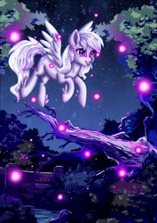 Size: 1417x2000 | Tagged: safe, artist:erim-kawamori, oc, oc only, oc:starstorm slumber, species:pegasus, species:pony, female, firefly, mare, night, open mouth, outdoors, smiling, solo, spread wings, three quarter view, tree, wings