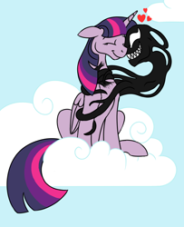 Size: 650x800 | Tagged: safe, artist:spyro-for-life, character:twilight sparkle, character:twilight sparkle (alicorn), species:alicorn, species:pony, fanfic:the symbiote, cloud, crossover, crossover shipping, fanfic art, female, floating heart, heart, mare, marvel comics, nuzzling, shipping, symbiote, twinom, venom, venom (2018), wat
