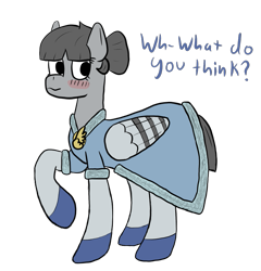 Size: 881x918 | Tagged: safe, artist:bojangleee, oc, oc only, oc:peep, species:pony, alternate hairstyle, bird pone, blushing, clothing, dialogue, dress, female, looking at you, mare, pigeon, raised hoof, simple background, solo, transparent background
