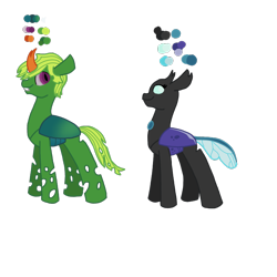 Size: 768x768 | Tagged: safe, artist:dexterousdecarius, oc, oc:carapace, oc:elytra, parent:queen chrysalis, parent:thorax, parents:chrysarax, species:changeling, brother and sister, changeling oc, female, green changeling, headcanon in the description, hybrid, male, simple background, transparent background