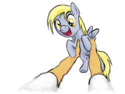 Size: 800x600 | Tagged: safe, artist:myminiatureequine, character:derpy hooves, species:human, species:pony, cute, dawwww, female, filly, foal, happy, holding a pony, offscreen character, pov, simple background, smiling, transparent background