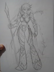 Size: 2448x3264 | Tagged: safe, artist:kenuma, character:applejack, species:human, armor, female, humanized, lance, pencil drawing, scar, sketch, solo, traditional art, valkyrie, weapon
