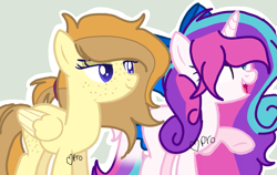 Size: 1021x646 | Tagged: safe, artist:mlpcotton-candy-pone, oc, oc:ivory buttercup, oc:magical melody, species:pegasus, species:pony, species:unicorn, female, mare, oc belongs to: dizzy-tm, simple background