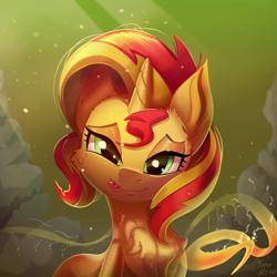 Size: 2048x2048 | Tagged: safe, artist:tony-retro, character:sunset shimmer, species:pony, species:unicorn, blep, c:, cheek fluff, chest fluff, crepuscular rays, cute, ear fluff, eyeshadow, female, fluffy, licking, licking lips, lidded eyes, looking at you, makeup, mare, neck fluff, pose, shimmerbetes, shoulder fluff, silly, silly pony, smiling, smirk, solo, tongue out