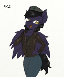 Size: 1000x1200 | Tagged: safe, artist:achmeddb, oc, oc only, oc:mir, species:anthro, species:pegasus, species:pony, anthro oc, beret, bomber jacket, clothing, female, hat, haughty, jacket, laughing, posh, solo, sophisticated as hell
