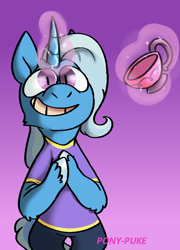 Size: 690x958 | Tagged: safe, artist:pony-puke, character:trixie, species:pony, species:unicorn, clothing, cup, female, gradient background, happy, magic, smiling, solo, teacup, that pony sure does love teacups