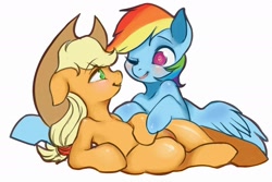 Size: 1994x1330 | Tagged: safe, artist:theprince, character:applejack, character:rainbow dash, species:earth pony, species:pegasus, species:pony, ship:appledash, clothing, cowboy hat, female, hat, heart eyes, lesbian, mare, shipping, simple background, smiling, stetson, white background, wingding eyes