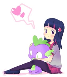 Size: 466x535 | Tagged: safe, artist:framboosi, character:spike, character:twilight sparkle, species:human, clothing, female, heart, humanized, looking at you, miniskirt, pantyhose, plushie, sailor uniform, school uniform, schoolgirl, shoes, simple background, sitting, skirt, white background