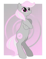 Size: 889x1145 | Tagged: safe, artist:immortaltanuki, species:earth pony, species:pony, abstract background, bipedal, companion cube, ponified, portal (valve), smiling, solo