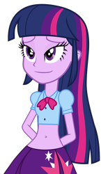 Size: 1876x3238 | Tagged: safe, artist:ponyalfonso, edit, character:twilight sparkle, character:twilight sparkle (alicorn), equestria girls:equestria girls, g4, my little pony: equestria girls, my little pony:equestria girls, belly button, clothing, female, hands behind back, midriff, pleated skirt, simple background, skirt, smiling, smirk, transparent background, vector