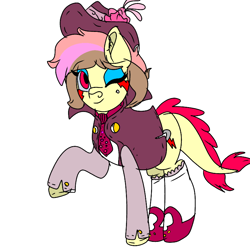 Size: 768x768 | Tagged: safe, artist:spero, oc, oc:spero, species:pony, beauty mark, button, clothing, cute, cutie mark, eyebrows, eyeshadow, hat, looking at you, makeup, monster pony, one eye closed, original species, raised hoof, shoes, smiling, socks, solo, tatzlpony, vest, wink