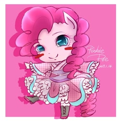 Size: 1000x1000 | Tagged: safe, artist:roya, character:pinkie pie, species:anthro, ambiguous facial structure, blush sticker, blushing, boots, clothing, colored pupils, cute, diapinkes, digital art, dress, female, kimono (clothing), pixiv, shoes, smiling, solo