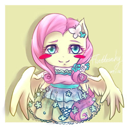 Size: 1000x1000 | Tagged: safe, artist:roya, character:fluttershy, species:anthro, species:pegasus, g4, ambiguous facial structure, blush sticker, blushing, clothing, cute, dress, female, flower, flower in hair, hairpin, mare, pixiv, ponytail, shyabetes, smiling, solo, starry eyes, wingding eyes