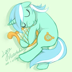 Size: 1000x1000 | Tagged: safe, artist:roya, character:lyra heartstrings, species:pony, species:unicorn, cute, digital art, eyes closed, female, floppy ears, green background, lyrabetes, lyre, musical instrument, simple background, sleeping, smiling, solo