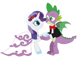 Size: 999x799 | Tagged: safe, artist:raggyrabbit94, character:rarity, character:spike, species:dragon, ship:sparity, adult, adult spike, clothing, dress, female, male, older, older spike, shipping, straight, wedding dress, winged spike