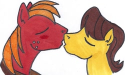 Size: 971x584 | Tagged: safe, artist:tateshaw, character:big mcintosh, character:caramel, species:earth pony, species:pony, ship:caramac, gay, imminent kissing, male, shipping, stallion