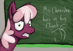 Size: 1280x896 | Tagged: dead source, safe, artist:zirbronium, character:cheerilee, species:earth pony, species:pony, g4, angry, chalkboard, female, flank, flowerbutt, mare, plot, solo