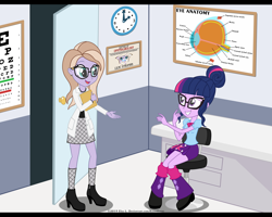 Size: 5000x4000 | Tagged: safe, artist:ravenevert, character:twilight sparkle, character:twilight sparkle (scitwi), oc, oc:lilac atropina, species:eqg human, my little pony:equestria girls, boots, bow tie, certificate, chair, clock, clothing, doctor, door, eye chart, glasses, grin, hair bun, high heel boots, high heels, jewelry, lab coat, leg warmers, miniskirt, necklace, oculist, open mouth, ophthalmologist, pleated skirt, shoes, skirt, smiling, socks