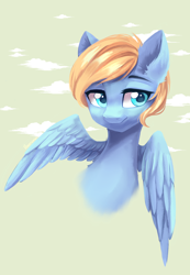 Size: 1248x1806 | Tagged: safe, artist:hikerumin, oc, oc only, unnamed oc, species:pegasus, species:pony, blue coat, bust, ear fluff, portrait, signature, solo, spread wings, wings