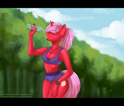 Size: 1812x1542 | Tagged: safe, artist:senpai, oc, oc only, oc:tallow, species:anthro, species:pony, species:unicorn, belly button, breasts, cleavage, clothing, drinking, eyes closed, female, midriff, open mouth, outdoors, solo, sports bra, sports panties, tongue out, water bottle, workout outfit, ych result