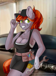 Size: 1112x1512 | Tagged: safe, artist:senpai, oc, oc only, oc:aurous affect, species:anthro, apron, breasts, cap, car, cleavage, clothing, female, grin, hat, leaning, mechanic, smiling, solo, toolbelt, tools, wrench