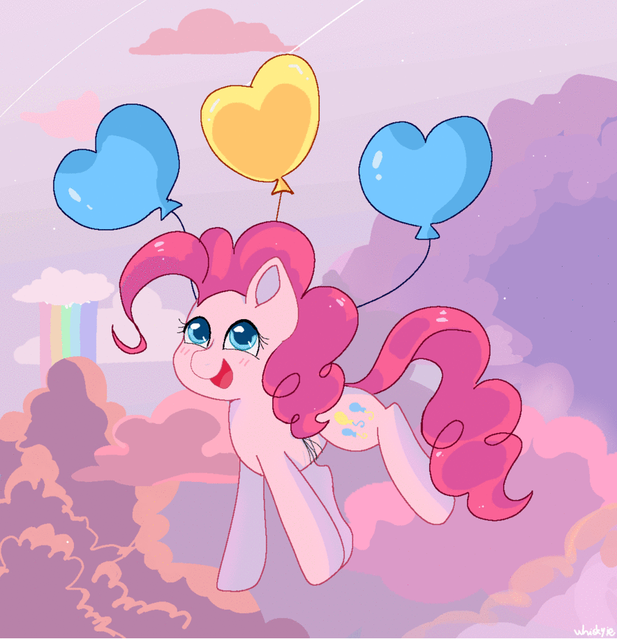 Size: 884x915 | Tagged: safe, artist:whiskyice, character:pinkie pie, species:earth pony, species:pony, animated, balloon, cloud, cute, diapinkes, female, floating, gif, happy, heart balloon, mare, rainbow, then watch her balloons lift her up to the sky