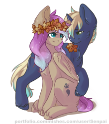 Size: 1412x1612 | Tagged: safe, artist:senpai, oc, oc only, species:pegasus, species:pony, species:unicorn, female, floral head wreath, flower, leaves, male, mouth hold, shipping, simple background, straight, unshorn fetlocks, white background