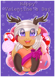 Size: 775x1080 | Tagged: safe, artist:auroracursed, oc, oc only, oc:antler pone, species:pony, antlers, blushing, digital art, holding heart, holiday, solo, valentine's day