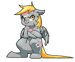 Size: 704x576 | Tagged: safe, artist:idrawweeklypony, character:derpy hooves, species:pegasus, species:pony, crossed arms, cutie mark, ditzy doo, female, grumpy, name tag, simple background, solo, sticker, that one nameless background pony we all know and love, white background, wings