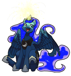 Size: 768x832 | Tagged: safe, artist:idrawweeklypony, edit, character:princess luna, species:alicorn, species:pony, female, glowing horn, horn, jewelry, magic, open mouth, regalia, simple background, sitting, smiling, solo, spread wings, transparent background, wings