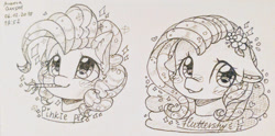 Size: 1238x612 | Tagged: safe, artist:auroracursed, character:fluttershy, character:pinkie pie, species:pegasus, species:pony, bust, cute, female, looking at you, mare, monochrome, smiling, solo, traditional art, watermark