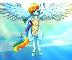 Size: 3258x2700 | Tagged: safe, artist:lucaaegus, character:rainbow dash, species:anthro, species:unguligrade anthro, breasts, cleavage, clothing, cloud, female, fist pump, flying, lips, signature, sky, smiling, solo, spread wings, sunlight, toga, wings