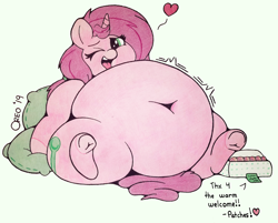 Size: 1864x1496 | Tagged: safe, artist:dorky-oreo-pone, oc, oc only, oc:mulberry tart, species:pony, species:unicorn, belly, belly button, big belly, cute, donut, fat, female, food, heart, huge belly, implied vore, leaning back, note, obese, one eye closed, pillow, simple background, solo, squishy, tongue out, wink