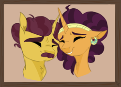 Size: 938x674 | Tagged: safe, artist:poowndraww, character:coriander cumin, character:saffron masala, species:pony, species:unicorn, adoriander cumin, cute, duo, ear fluff, eyes closed, father and daughter, female, head only, male, neck fluff, saffronbetes, signature