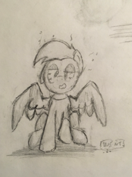 Size: 615x826 | Tagged: safe, artist:memely, oc, oc:duk, species:duck, species:pegasus, species:pony, bloodshot eyes, dizzy, drugs, duck pony, high, monochrome, quak, solo, traditional art, way too much