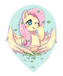 Size: 1000x1200 | Tagged: safe, artist:roya, character:fluttershy, species:pegasus, species:pony, blushing, bust, cute, digital art, female, flower, flower in hair, mare, one eye closed, open mouth, portrait, shyabetes, smiling, solo, spread wings, wings