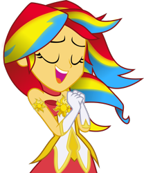 Size: 1197x1440 | Tagged: safe, artist:kimberlythehedgie, character:sunset shimmer, my little pony:equestria girls, armlet, bare shoulders, clothing, eyes closed, female, gloves, league of legends, rainbow power, rainbow power-ified, simple background, sleeveless, solo, soraka, star guardian, strapless, transparent background, vector