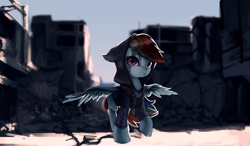 Size: 2662x1555 | Tagged: safe, artist:theprince, character:rainbow dash, species:pegasus, species:pony, clothing, female, hoodie, mare, raised hoof, solo, spread wings, wings