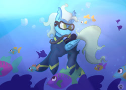 Size: 2500x1794 | Tagged: safe, artist:lycania29, oc, oc:sea glow, species:pony, air tank, bubble, commission, fish, flippers, scuba diving, scuba mask, solo, underwater, wetsuit