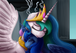 Size: 4960x3507 | Tagged: safe, artist:victoria-luna, character:princess celestia, character:princess luna, species:alicorn, species:pony, episode:friendship is magic, g4, my little pony: friendship is magic, castle of the royal pony sisters, crying, cute, cutelestia, ear fluff, ethereal mane, eyes closed, female, floppy ears, galaxy mane, jewelry, long horn, lunabetes, mare, neck hug, nuzzling, peytral, redraw, royal sisters, s1 luna, scene interpretation, smiling, sparkles, spread wings, tears of joy, tiara, wing fluff, wings, young luna