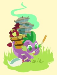 Size: 648x842 | Tagged: safe, artist:cenyo, character:spike, episode:spike at your service, g4, my little pony: friendship is magic, apple, broom, grass, male, pie, solo